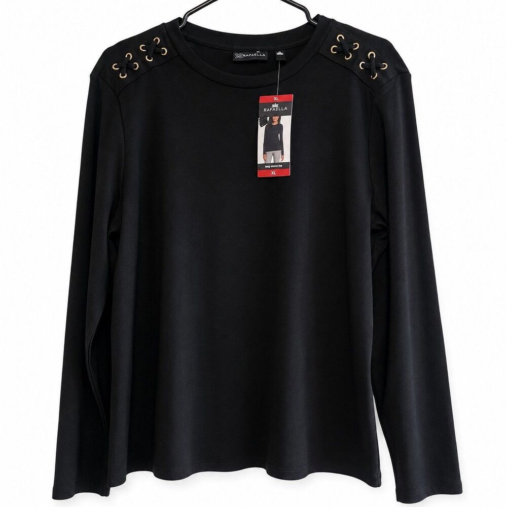Rafaella Black Solid Crew Neck Pullover Top Women's XL Long Sleeve Eyelet Lace